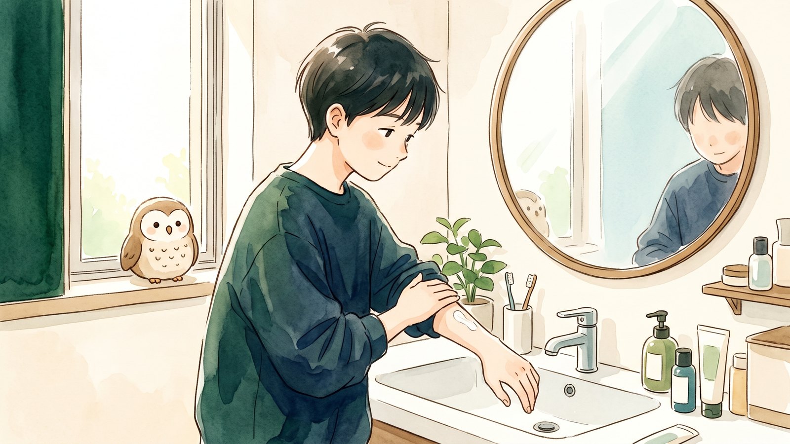 明るい洗面所で、中高生が入浴後に腕へ保湿クリームを塗っている水彩イラスト。窓辺にふくろうがとまっている