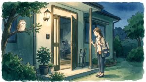 夕方の玄関先で、訪問看護師が少し開いたドアの奥にいる中高生にやさしく寄り添い、木の枝にふくろうがとまっている水彩イラスト