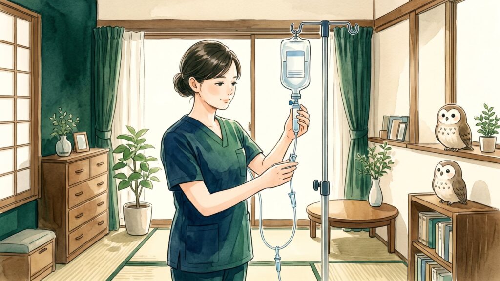 和室で看護師が点滴スタンドの輸液バッグと点滴ラインを確認している水彩イラスト。棚の上にふくろうが2羽いる