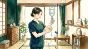 和室で看護師が点滴スタンドの輸液バッグと点滴ラインを確認している水彩イラスト。棚の上にふくろうが2羽いる