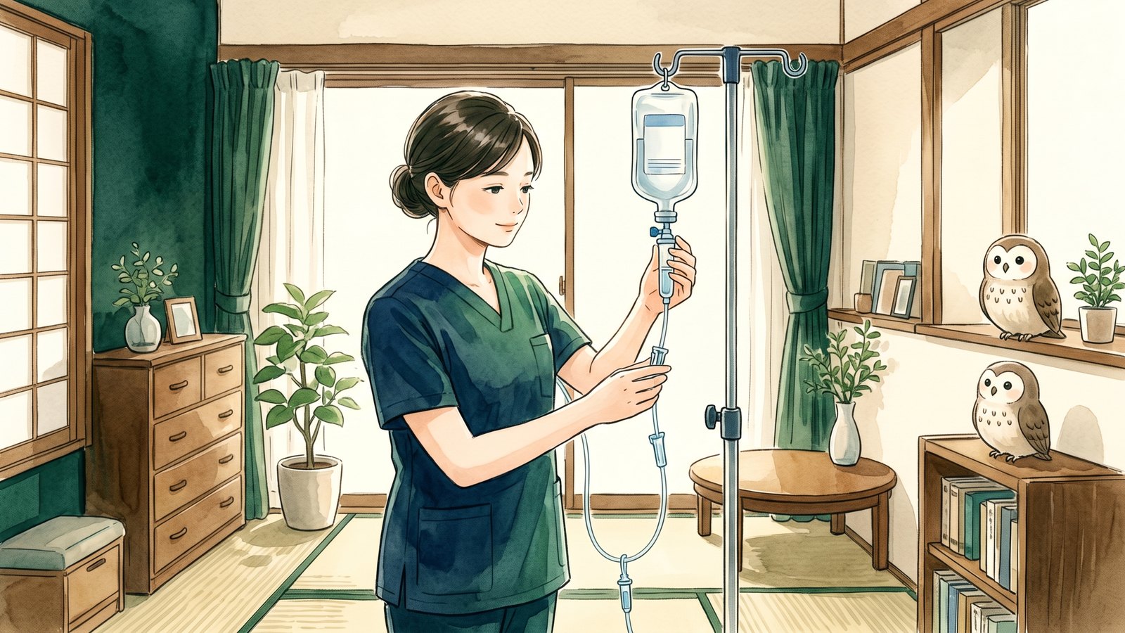 和室で看護師が点滴スタンドの輸液バッグと点滴ラインを確認している水彩イラスト。棚の上にふくろうが2羽いる
