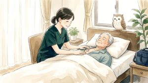 自宅のベッドで休む高齢の利用者さんの胸元を、訪問看護師がやさしく観察している。窓辺でふくろうが見守っている水彩イラスト