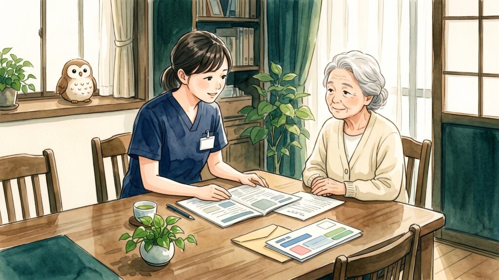 自宅のテーブルで、看護師が高齢の利用者さんに書類を見ながら説明している水彩イラスト。窓辺にふくろうの置物がある