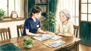 自宅のテーブルで、看護師が高齢の利用者さんに書類を見ながら説明している水彩イラスト。窓辺にふくろうの置物がある
