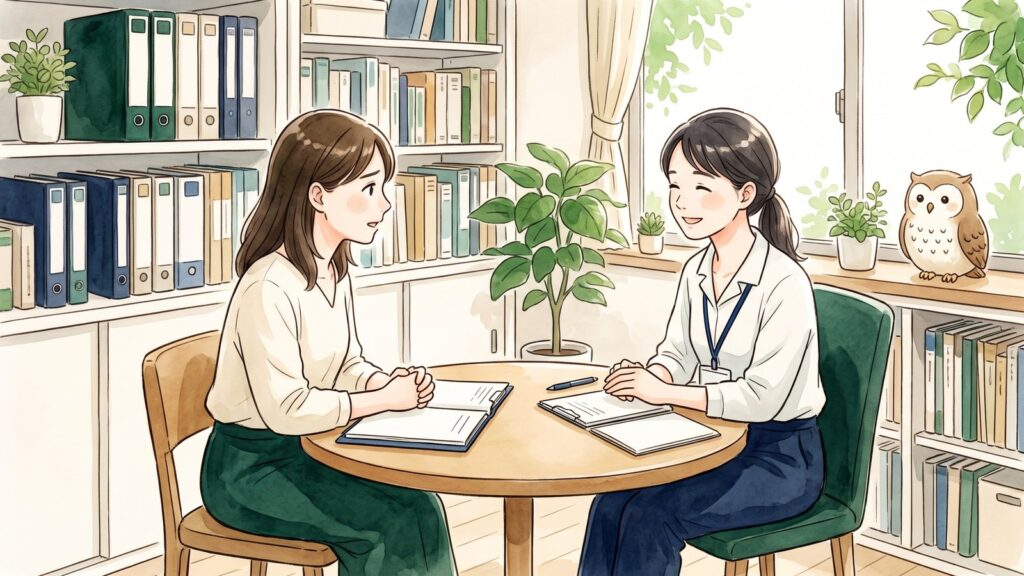 明るい相談室で、保護者が相談員と丸いテーブルをはさんで穏やかに話している水彩イラスト。窓辺にふくろうがいる