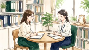 明るい相談室で、保護者が相談員と丸いテーブルをはさんで穏やかに話している水彩イラスト。窓辺にふくろうがいる