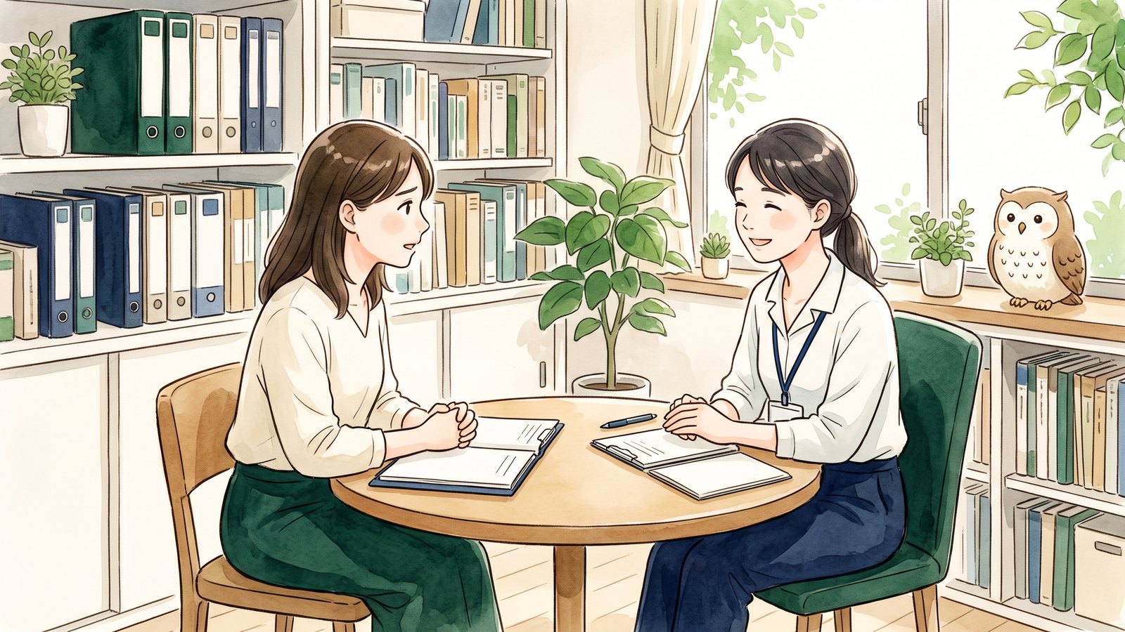 明るい相談室で、保護者が相談員と丸いテーブルをはさんで穏やかに話している水彩イラスト。窓辺にふくろうがいる
