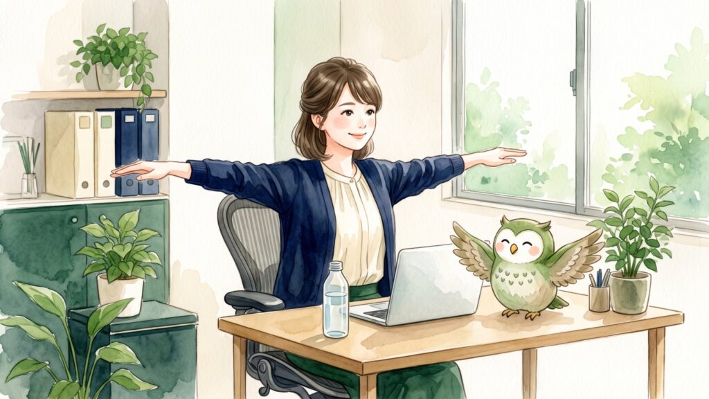 明るいオフィスの机で、椅子に座った事務職の女性が両腕を肩の高さまで横に上げて肩の筋トレをし、机の上の緑色のふくろうがまねをして翼を広げている水彩イラスト