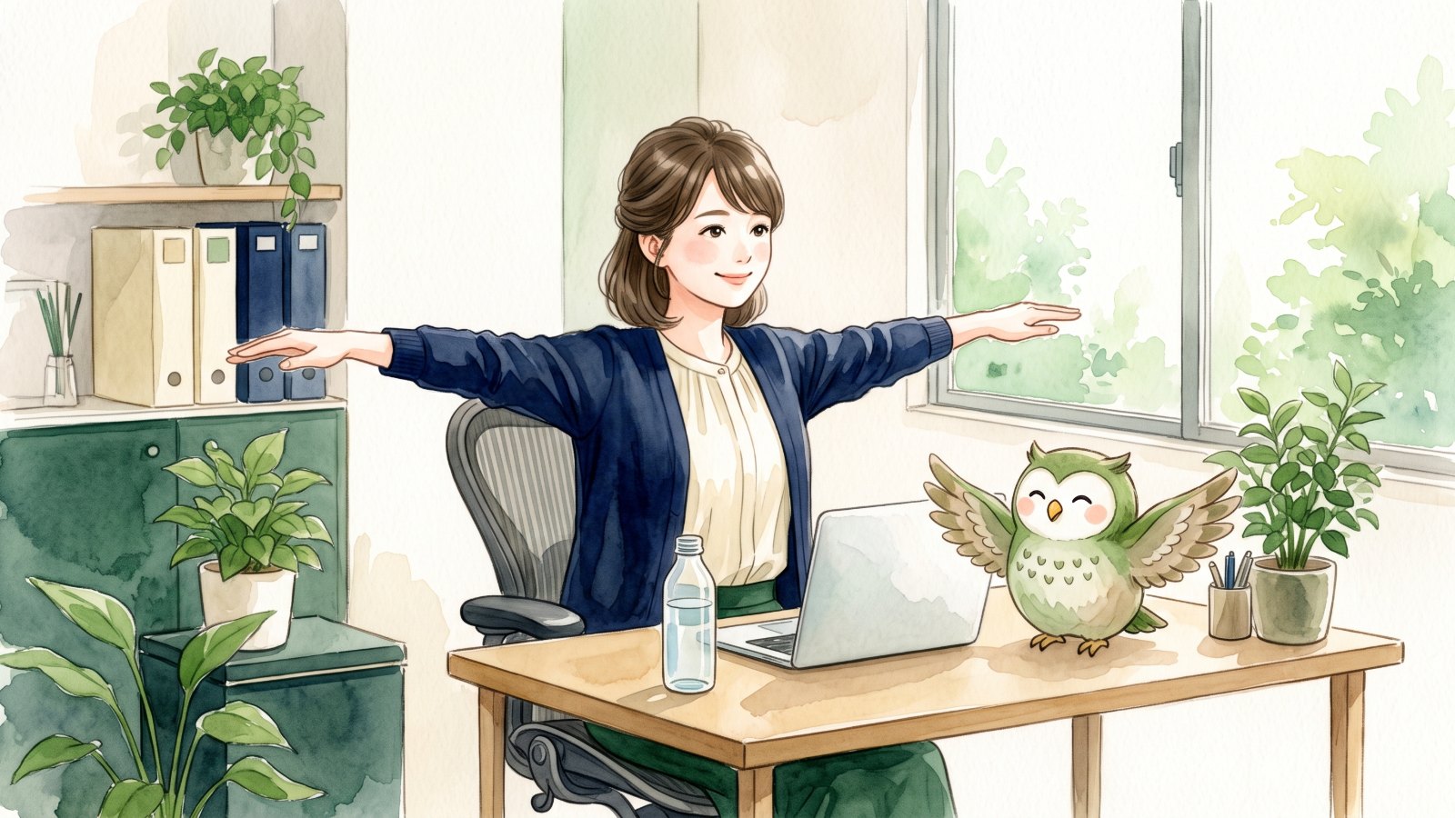 明るいオフィスの机で、椅子に座った事務職の女性が両腕を肩の高さまで横に上げて肩の筋トレをし、机の上の緑色のふくろうがまねをして翼を広げている水彩イラスト