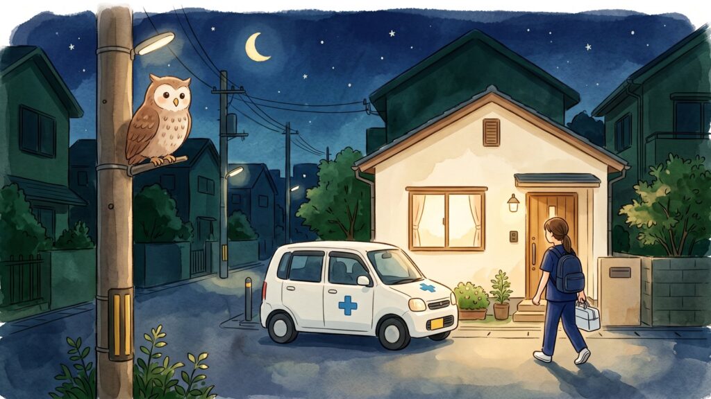 夜の住宅街。明かりのついた家の前に訪問看護の車が停まり、カバンを持った看護師が玄関へ向かう。電柱の上からふくろうが見守っている水彩イラスト