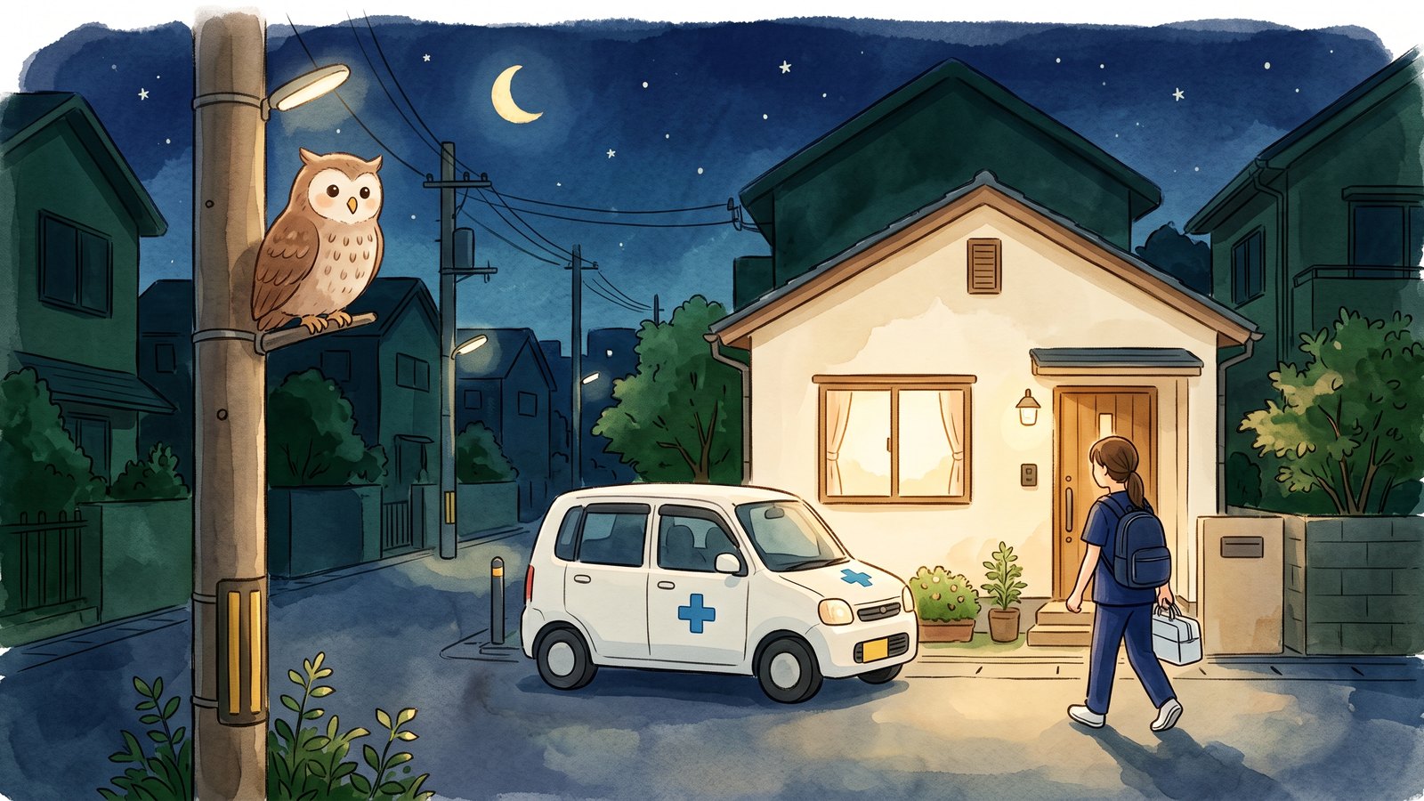夜の住宅街。明かりのついた家の前に訪問看護の車が停まり、カバンを持った看護師が玄関へ向かう。電柱の上からふくろうが見守っている水彩イラスト